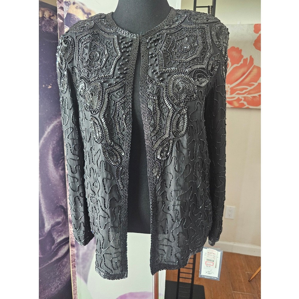 Adrianna Papell Evening Beaded Sequin‎ Jacket Bolero Black Party Elegant Size M